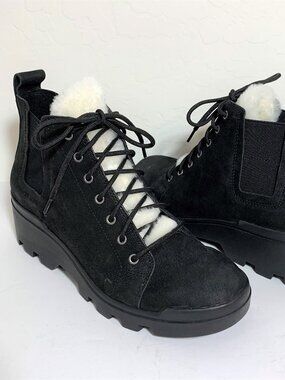 Eileen Fisher Calm Wedge Boots Leather Shearling Booties Black Size 7.5 NEW
